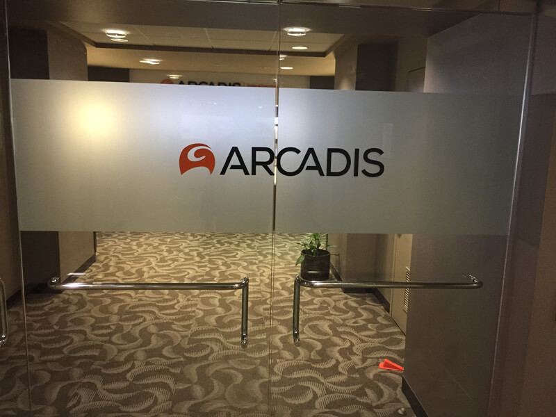 frosted glass with business name and logo